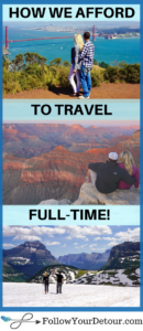 This couple gives all the details of how they afford to travel full-time. From budgeting, to travel hacks, and tips for saving money while on trips. Vacation doesn't have to break the bank and it IS possible to travel more! This couple also has great destination and itinerary suggestions for planning your trip, places to add to your bucket list, and also RV travel tips for RV camping or full-time living! #traveltips #travel #travelblogger #travelhacks #fulltimetravel #travelmore #travelcouple