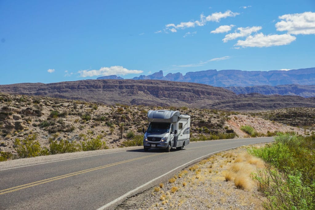 RV driving through Big Bend National Park in Texas